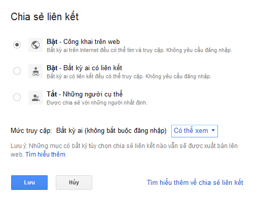 Cài đặt chia sẻ tập tin trên Google Drive